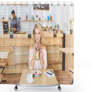 Personality  Woman Drinking Lemonade In Cafe Shower Curtains