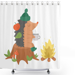 Personality  Cute Hedgehog Sitting On The Stump With Hot Tea Near The Fire. Vector Autumn Character Isolated On White Background. Fall Season Woodland Animal Icon.  Funny Forest Illustration Shower Curtains