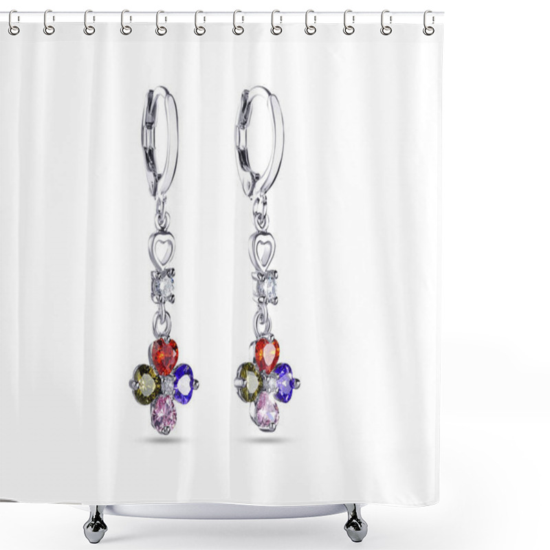 Personality  Drop Earrings With Blue Crystals On White Background, Jewelry Shower Curtains