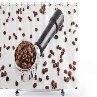 Personality  Portafilter Filled And Surrounded With Whole Coffee Beans Isolated On White Background. Filter Holder For Espresso Coffee Machine. Shower Curtains