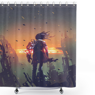 Personality   The Man With Robotic Arm Standing On Ruined Buildings Shower Curtains
