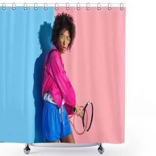 Personality  Young Bright African American Girl Swings Tennis Racket On Pink And Blue Background  Shower Curtains