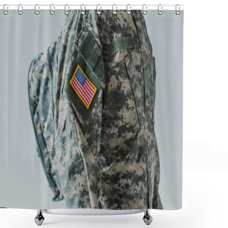 Personality  Cropped View Of American Serviceman In Army Uniform Standing With Backpack Isolated On Grey  Shower Curtains