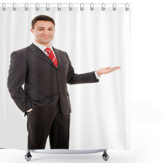 Personality  Happy Business Man Presenting, Isolated On White Background Shower Curtains
