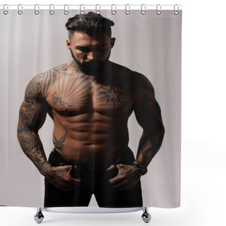 Personality  Hispanic Shirtless Male Model With Muscular Tattooed Torso Standing With Hands In Pockets And Looking Away On Gray Backdrop Shower Curtains