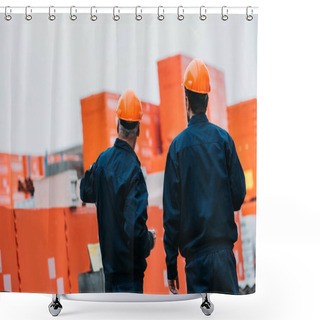 Personality  Back View Of Two Builders In Helmets Working Outside On Construction Shower Curtains