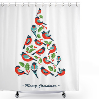 Personality  Christmas Tree With Birds And Holly Leafs Shower Curtains