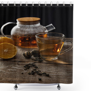 Personality  Transparent Teapot With Blooming Tea, Cup, Lemons And Tea Balls On Wooden Table Isolated On Black Shower Curtains