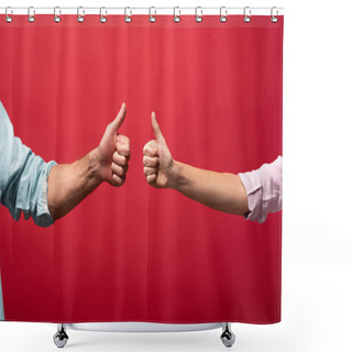 Personality  Partial View Of Couple Showing Thumbs Up, Isolated On Red Shower Curtains