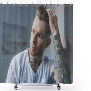 Personality  Handsome Stylish Tattooed Man Touching His Hair Shower Curtains