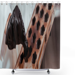 Personality  Panoramic Shot Chocolatier Holding Chocolate Candy Near Ice Tray  Shower Curtains