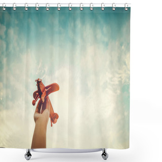 Personality  Hands Of Children Holding A Toy Plane Shower Curtains