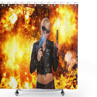Personality  Hot Blonde Woman With Gun Over Explosion  Shower Curtains