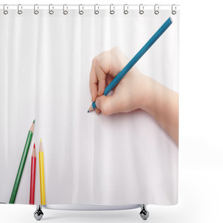 Personality  Child Hand Draws A Blue Pencil. White-gray Background Above View. Shower Curtains