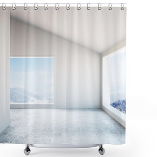 Personality  Empty Interior Design With Concrete Floor And Landscape View. 3D Rendering Shower Curtains