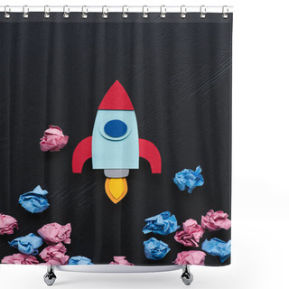 Personality  Cardboard Rocket With Pink And Blue Crumpled Paper Balls On Black Background, Setting Goals Concept Shower Curtains