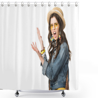 Personality  Irritated Boho Girl In Boater And Denim Jacket Gesturing Isolated On White Shower Curtains