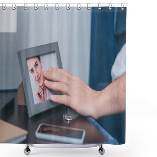 Personality  Cropped View Of Man Touching Photo Frame With Picture Of Woman Near Wedding Rings And Smartphone Shower Curtains