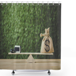 Personality  Money Bag With Dollar Sign And Car Key Balancing On Seesaw On Green Background Shower Curtains