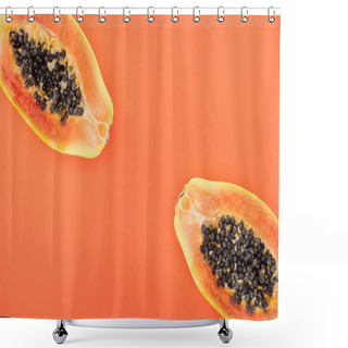 Personality  Top View Of Exotic Papaya Halves With Black Seeds Isolated On Orange Shower Curtains