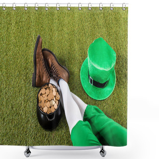 Personality  Cropped View Of Leprechaun With Pot Of Gold And Hat Sitting On Green Grass Shower Curtains