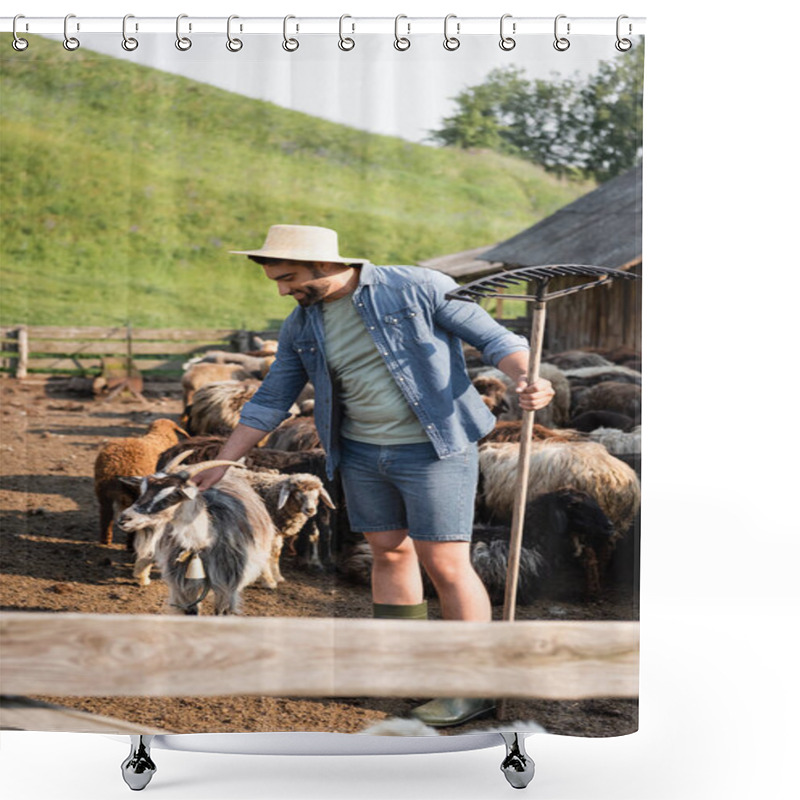 Personality  Happy Farmer With Rakes Stroking Horned Goat In Corral On Cattle Farm Shower Curtains