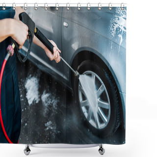 Personality  Selective Focus Of Man Holding Pressure Washer With Water While Standing Near Car  Shower Curtains