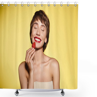 Personality  A Woman Delicately Holds A Strawberry Up To Her Face Against A Vivid Backdrop. Shower Curtains