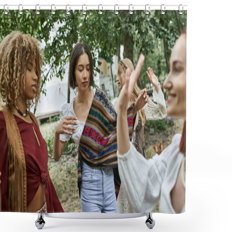 Personality  Young Woman In Boho Outfit Dancing Near Interracial Friends Outdoors In Retreat Center Shower Curtains