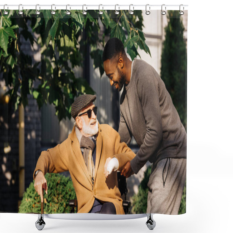 Personality  Happy African American Man Helping Senior Disabled Man To Get Up From Wheelchair On Street Shower Curtains