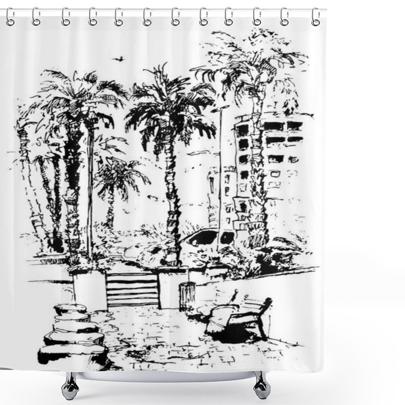 Personality  Vector Downtown With Street And Buildings Of Miami City In Florida. Ink Splash With Hand Drawn Sketch Illustration In. Retro Silhouettes Of Palm Trees. Shower Curtains