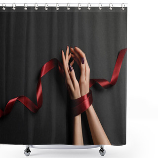 Personality  Cropped View Of Woman Tied With Silk Red Ribbon On Black Background Shower Curtains