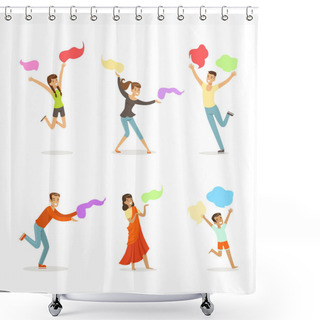 Personality  People Characters Celebrating Ancient Hindu Festival Throwing Colours Vector Set Shower Curtains