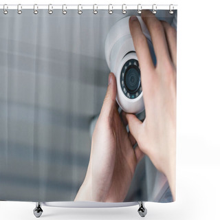Personality  Cropped View Of Man Setting Up Security Camera Shower Curtains