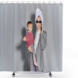 Personality  Multitasking, Woman In Sunglasses Holding In Arms Toddler Daughter And Standing With Towel On Head, Balancing Lifestyle, Businesswoman In Formal Wear Talking On Smartphone On Grey Background  Shower Curtains