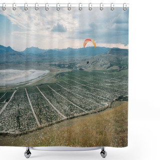 Personality  Parachute In The Sky Over Field In Hillside Area Of Crimea, Ukraine, May 2013 Shower Curtains