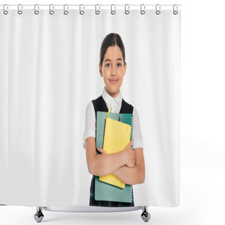 Personality  Happy Schoolgirl Standing With Notebooks In Hands And Looking At Camera Isolated On White, Student Shower Curtains
