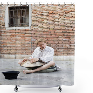 Personality  Street Musician Playing Handpan Near Hat In Italy  Shower Curtains