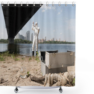 Personality  Selective Focus Of Water Inspector In Protective Costume And Inspection Kit With Flask On Foreground Shower Curtains