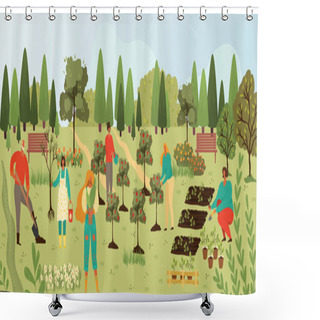 Personality  Plants And People Gardening, Harvesting Fruits On Trees Plantation In Summer Cartoon Vector Illusrtration Of Greenery Plantation. Shower Curtains