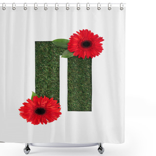 Personality  Top View Of Cyrillic Letter With Natural Grass On Background And Red Gerberas Isolated On White Shower Curtains