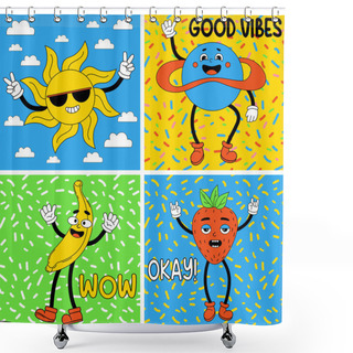 Personality  Funny Cartoon Characters. Groovy Elements Funky Earth, Sun, Banana And Strawberry With Feet And Gloved Hands. Sticker Pack, Posters, Prints. Set Comic Vector Illustrations Trendy Retro Cartoon Style Shower Curtains