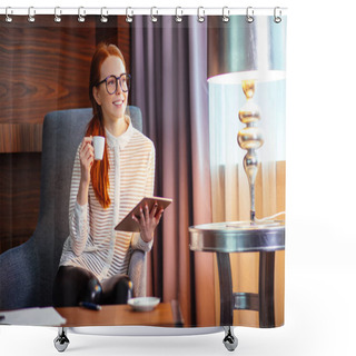 Personality  Woman Drinking Coffee And Reading Her Tablet While Standing In Office Shower Curtains