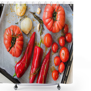 Personality  Roasted Tomatoes, Red Peppers, Onions, Cherry Tomatoes, Spices, Rosemary And Salt Pepper Mill With Baking Tray And Sheet Paper. Organic Food. Shower Curtains