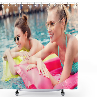 Personality  Happy Young Women Lying On Inflatable Mattresses In Swimming Pool Shower Curtains