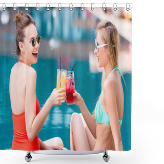 Personality  Side View Of Attractive Young Women Clinking Glasses Of Cocktails At Poolside Shower Curtains