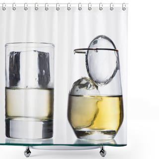 Personality  Transparent Glasses With Golden Liquid And Ice Isolated On White Shower Curtains