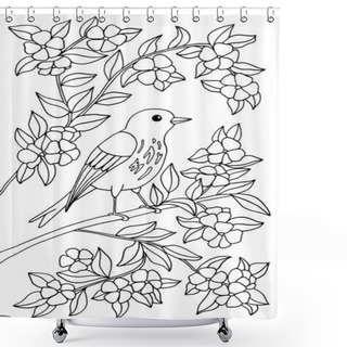 Personality  A Beautiful Bird Is Sitting On A Branch Of A Blooming Tree In Flowers. Coloring Page For Children And Adults. Vector Illustration. Shower Curtains