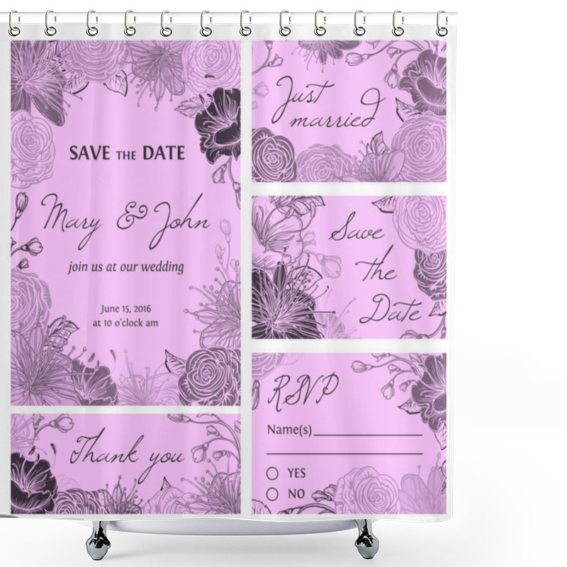 Personality  Save The Date Card Collection With Flowers. Wedding Invitation, Thank You Card, Save The Date Cards, RSVP Card. Vintage Hand Drawn Vector Illustration. Isolated Elements Shower Curtains