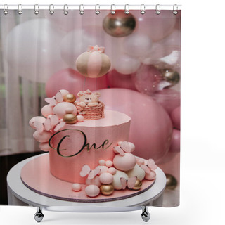 Personality  Baby Pink Birthday Cake On The Background Of Balls Shower Curtains